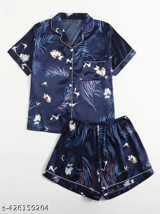Stretchable silk blend print collared night suit coord set (shirt & shorts), suitable for summers, winter monsoon
