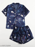 Stretchable silk blend print collared night suit coord set (shirt & shorts), suitable for summers, winter monsoon