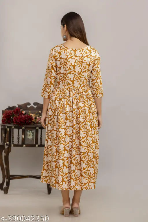 Orange floral printed anarkali kameez dress, long sleeves, cotton, knee-length