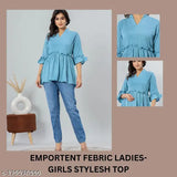 Cotton blend elastic gather top and tunic with ruffle sleeves, solid pattern for women and girls, India origin