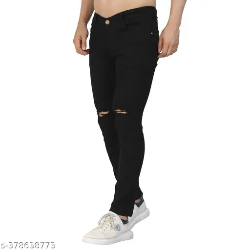 Men's black damage jeans, distressed stretchable knee-cut denim for comfort and style