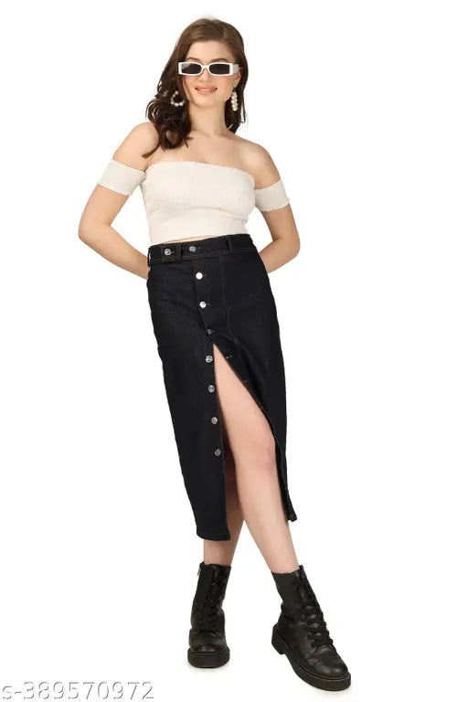 Black denim long skirt with button side split