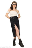 Black denim long skirt with button side split