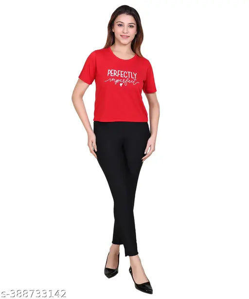 Red, dark navy, and white women's crop t-shirt combo (S: 34", L: 38", XL: 40") in printed cotton blend - Made in India