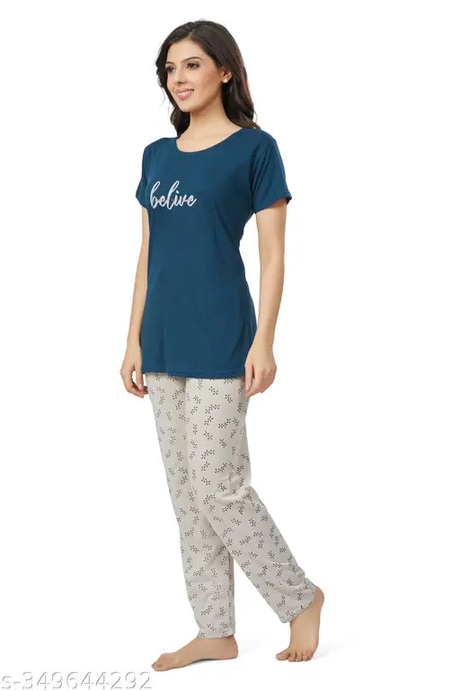 Red hosiery printed cotton half sleeve T-shirt & pajama pants set for ladies, ideal sleepwear/loungewear, feminine detailing, breathable cotton material