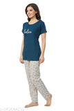 Red hosiery printed cotton half sleeve T-shirt & pajama pants set for ladies, ideal sleepwear/loungewear, feminine detailing, breathable cotton material