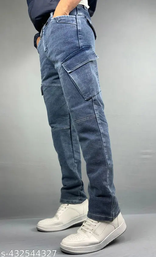 Light Blue baggy cargo Jeans for men - solid denim, six-pocket design, durable 13.5 oz knitted fabric, ideal for everyday wear or rugged activities