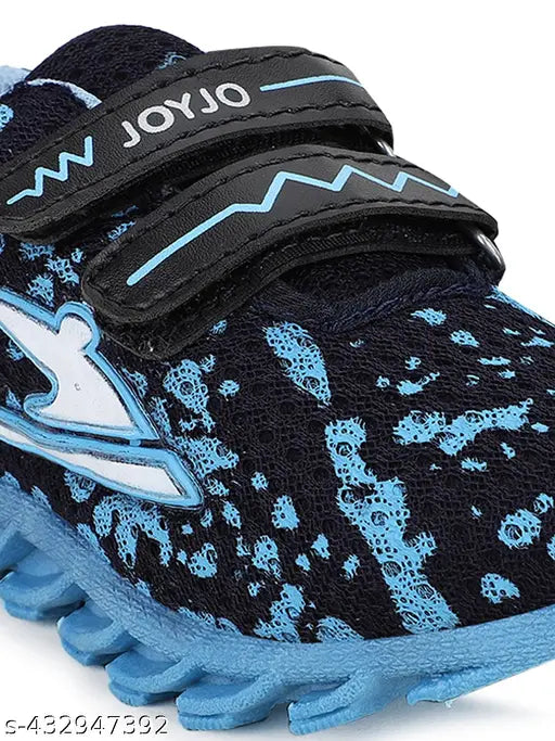 Neon blue and black running shoes with Joyio branding, breathable mesh fabric