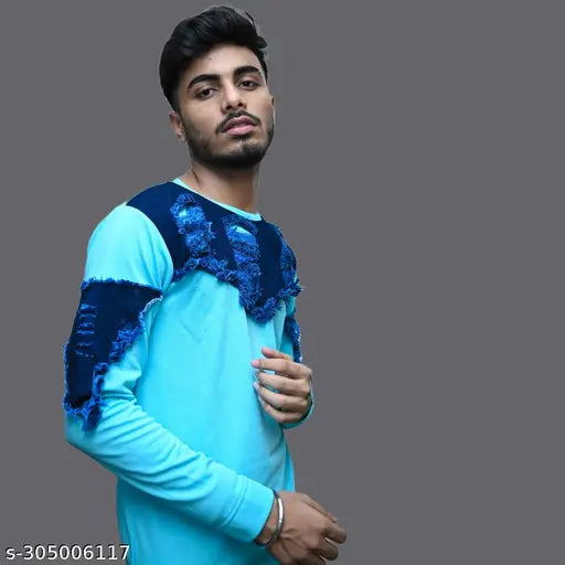 Sky Blue jeans cotton blend long sleeves solid t-shirt, durable stitching for long-lasting wear, trendy party wear top for men (India)