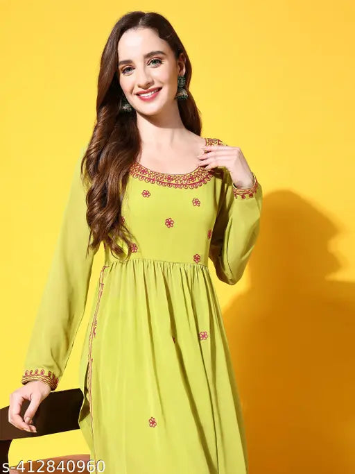 Georgette A-line Kurta Set with Sharara, Indian embroidered garment featuring round neck, full sleeves, and straight hem, ankle-length Sharara with elasticated waist