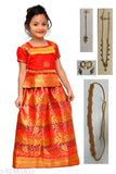Indian art silk printed Lehenga with stitched net, includes belt, tikka, chain, and earrings - 0-1 years