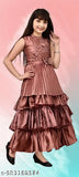 Pink solid embroidered silk blend full length party dress, high quality ethnic wear for girls aged 3-12, checkered net pattern, soft and comfortable, ideal for celebrations