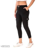 Black stretch cargo pants with pockets, girls' and women's casual joggers