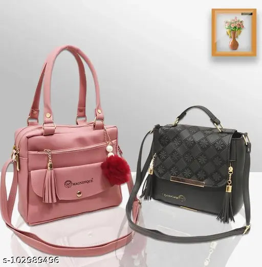 Women's fashion sling bag and purse combo, black leather with silver zippers and tassel trim