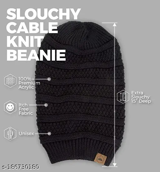 Wool beanie cap (black), Bob Marley style pattern, perfect for men & women, India origin