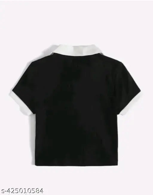 Black body, white collar cantras collar - Lycra, short sleeves, solid net, women's blouse from India (XS: bust 34in, length 17in)