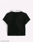 Black body, white collar cantras collar - Lycra, short sleeves, solid net, women's blouse from India (XS: bust 34in, length 17in)