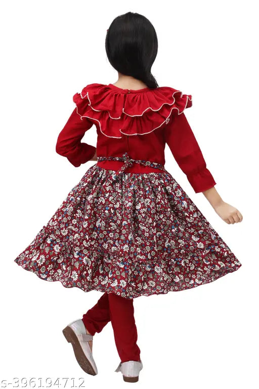 Crepe anarkali printed dress for girls, knee-length with three-quarter sleeves. Indian Girls' top-bottom set without dupatta