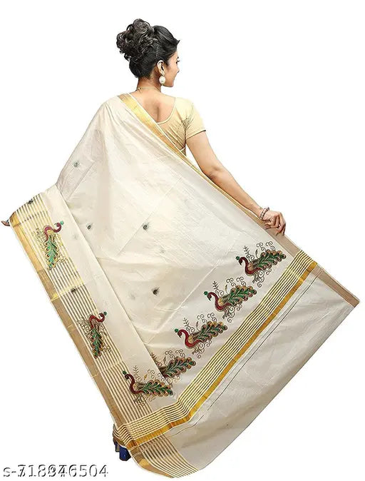 Attractive white and cream cotton zari saree with intricate embroidery