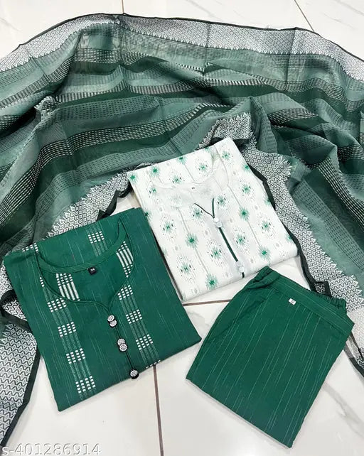 Green and white patterned kameez, matching pants