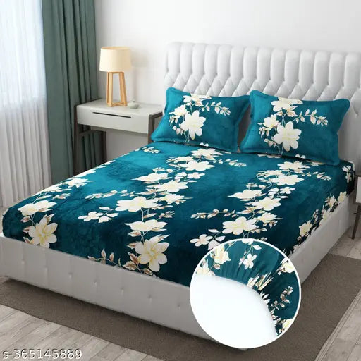 200 TC Woolen velvet Elastic Fitted Bedsheet With 2 Pillow Cover ( Fabric - Flano)