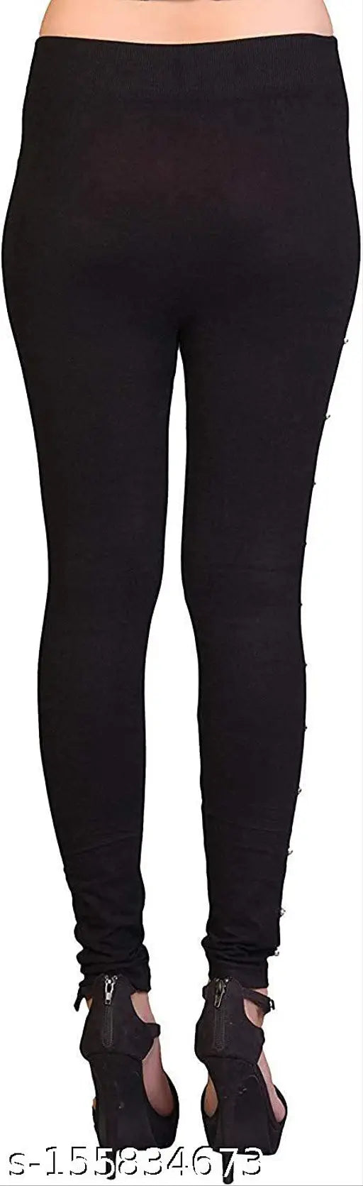 Solid black cotton jeggings with side stone detail for women & girls, fashionable fit and length of 28 inches waist, 37 inches length. Made in India