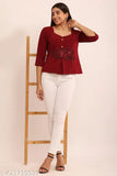 Maroon Lycra top with mizo trends button and patch, three-quarter sleeves, solid design. S - bust 34", length 22"; M - bust 36", length 22"; L - bust 38", length 22"; XL - bust 40", length 23". Made in India