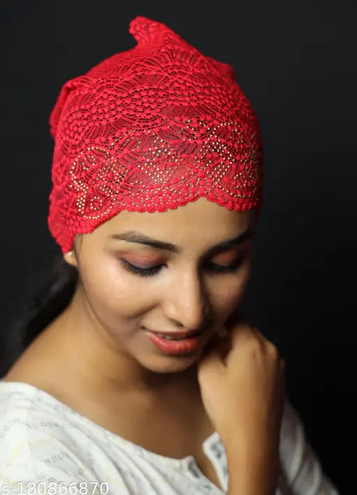 Red hijab cap with intricate stonework detailing, pack of 4 net band