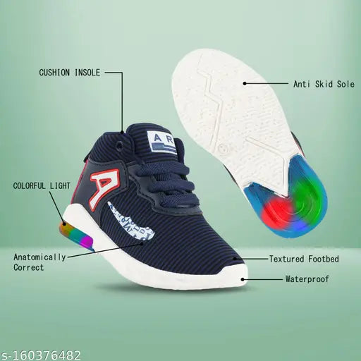 Blue and white athletic kids' shoes with LED lights