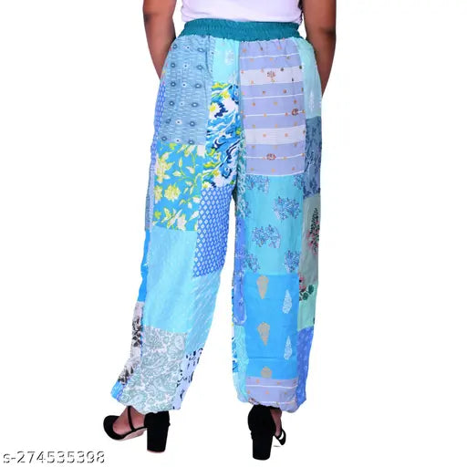 Colorful patchwork rayon women's lounge pants with bohemian print