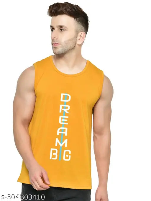 Mustard cotton blend sleeveless T-shirt for men, vibrant print design on round neck