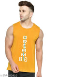 Mustard cotton blend sleeveless T-shirt for men, vibrant print design on round neck
