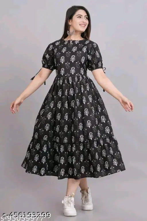 Classy black rayon kurta with printed combo, short sleeves, and XS-XXXL sizes