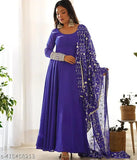 Georgette embroidered anarkali gown, solid color, long sleeves, Indian festive wear on mannequin