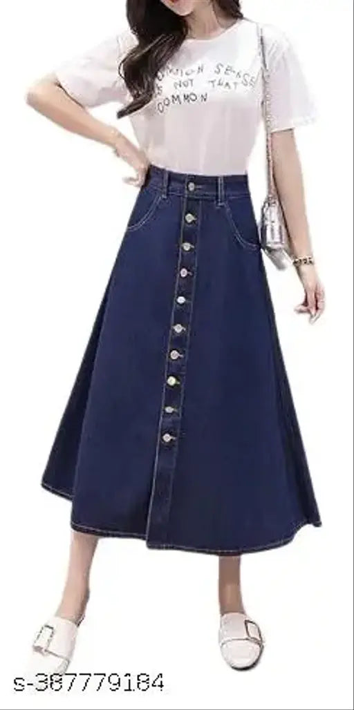 Navy Blue Ten-Buttoned Denim A-Line Maxi Skirt for Women - Lightweight & Breathable, home washable, fits all body types