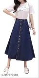 Navy Blue Ten-Buttoned Denim A-Line Maxi Skirt for Women - Lightweight & Breathable, home washable, fits all body types