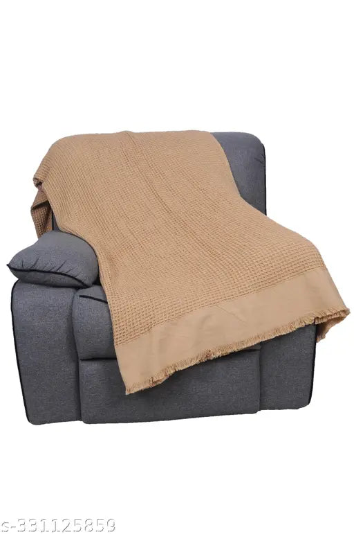 Washed waffle blanket throw (Biege), jumbo cotton net with fringes, perfect for cozy home decor