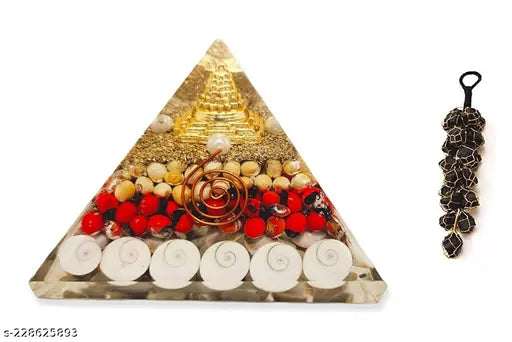 Natural orgone pyramid with red, white, and black stones for wealth prosperity success, hangable