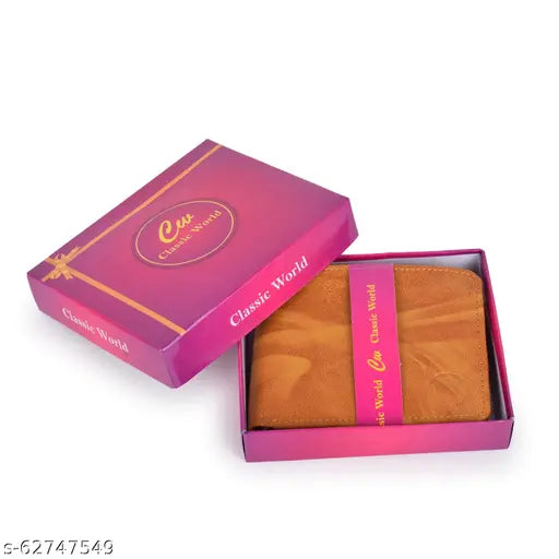 Tan PU Classic World Bi-fold Wallet, 2 compartments, textured pattern, perfect for daily use and gift-giving