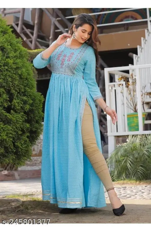 Blue rayon Reyon Nayara kat traditional embroidered kurti with three-quarter sleeves, available in sizes S-XXL (UK)