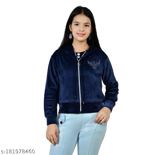 Velvet winter chain jacket sweatshirt with hood (self-design), long sleeves, in sizes: 8-9 years, 9-10 years, 10-11 years, 11-12 years, and 12-13 years. Made in India