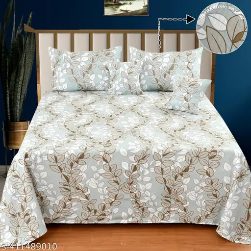 NCS botanical embroidered cotton queen size bedsheet set, includes 2 pillow covers and 2 cushion covers with fillers