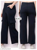 Premium cotton wide leg 4-pocket cargo trousers, relaxed fit with elasticized waistband, solid color for versatile style