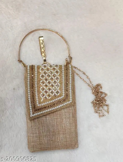 Handheld beige handbag with gold chain clip, partywear accessory