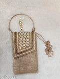 Handheld beige handbag with gold chain clip, partywear accessory