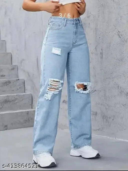 Bell bottom funky jeans with distressed knee design