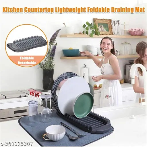 A retractable kitchen countertop dish drying rack with a microfiber stretch elastic band. The rack is designed for effortless storage, featuring a thickened PP material with a grey hue