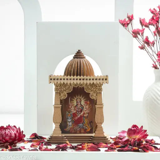 Handcrafted wooden Ambe Mataji temple idol, Indian goddess collectible for home decor, car dashboard, or study table