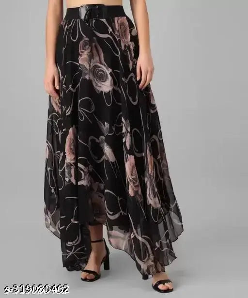 Black long skirt with flared silhouette and brown flower print
