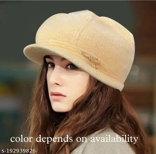 Cream women's winter woolen hat cap, pack of 1 assorted colors